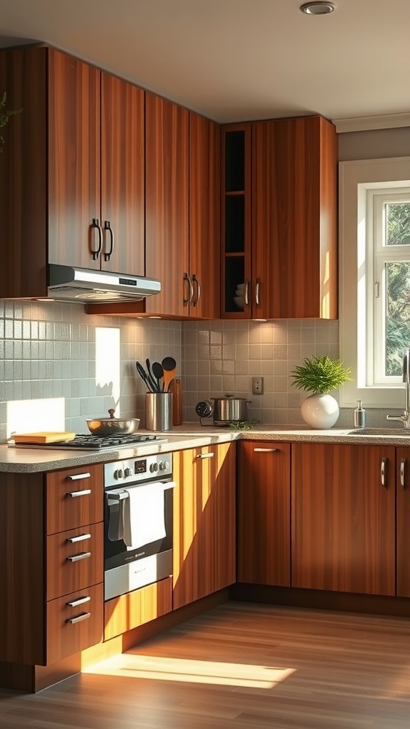 A kitchen featuring rich brown cabinets, natural light illuminating the space, with modern appliances and a clean countertop.