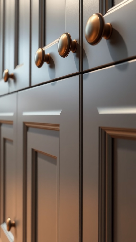 Close-up view of dark kitchen cabinets with round bronze knobs.