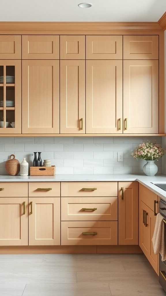 A kitchen with maple cabinets featuring gold hardware.