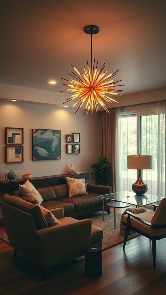 A mid-century modern living room featuring a starburst chandelier, comfortable seating, and natural light.