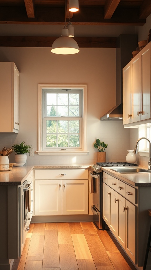 A bright kitchen featuring white cabinets, a window letting in natural light, and warm overhead lighting.