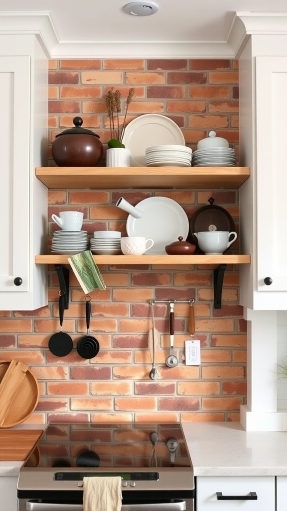 Open shelves with dishes and cookware against a brick backsplash in a farmhouse kitchen.