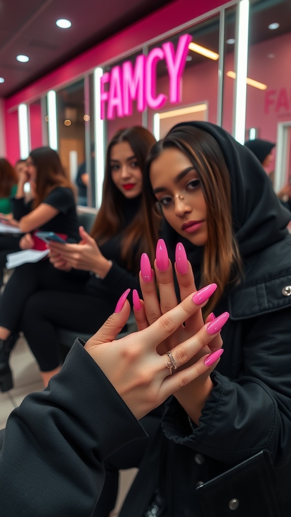 Two women in a nail salon showcasing pink chrome nails against a pink backdrop.