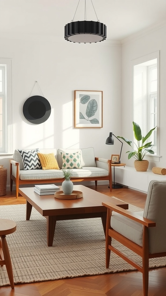 A stylish mid-century modern living room featuring a wooden coffee table, a cozy sofa, and natural light.