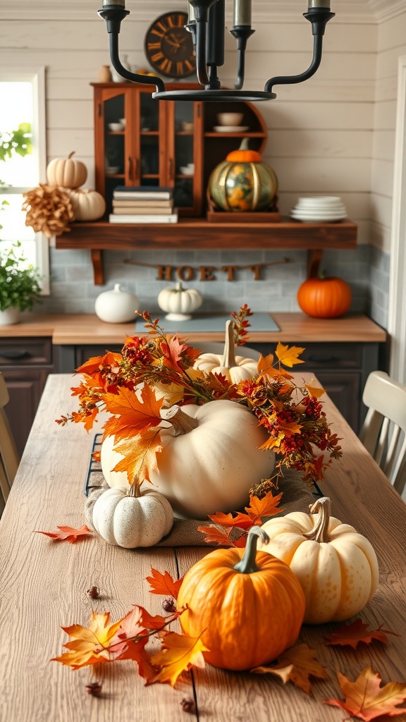 A farmhouse kitchen table decorated with autumn pumpkins and colorful leaves.
