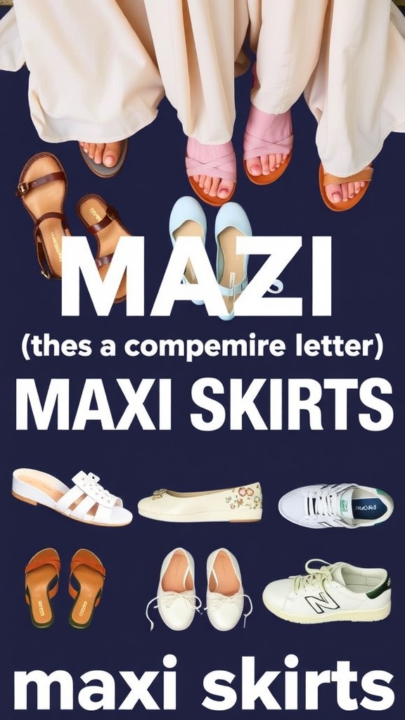 A variety of footwear options paired with a maxi skirt, showcasing sandals, flats, and sneakers.