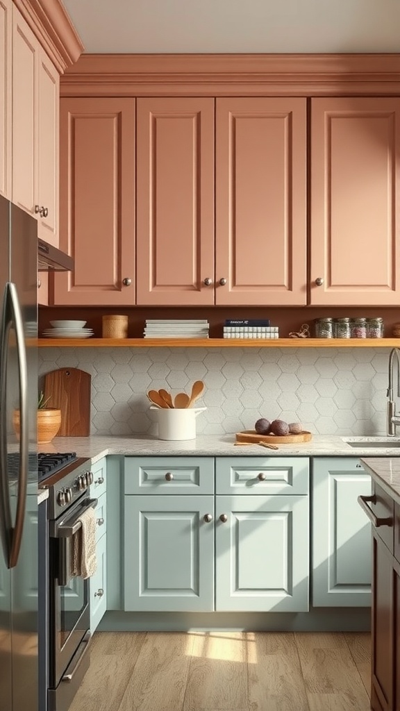 Farmhouse kitchen with coral and blue cabinets, modern appliances, and wooden accents.