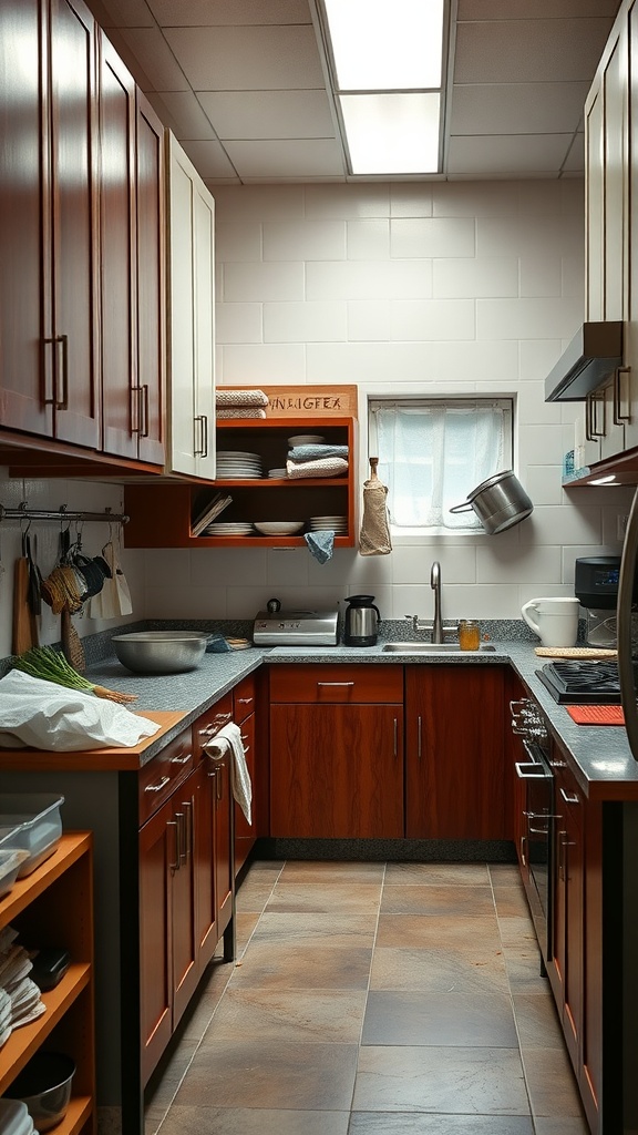 A cozy kitchen with wooden cabinets and a clean countertop.