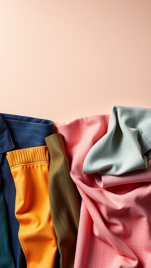 Various business casual fabrics in different colors including navy, olive, peach, and mint.