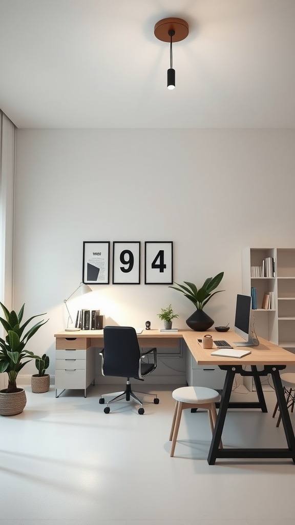 Modern minimalist home office with pendant lighting, desk, and plants.