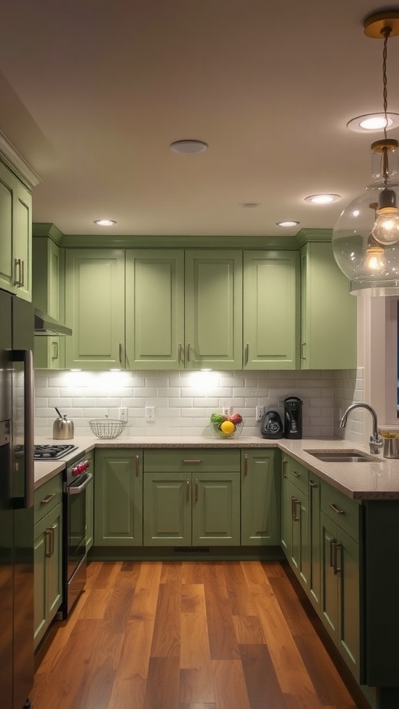 A cozy kitchen featuring green cabinets, wooden flooring, and stylish lighting.