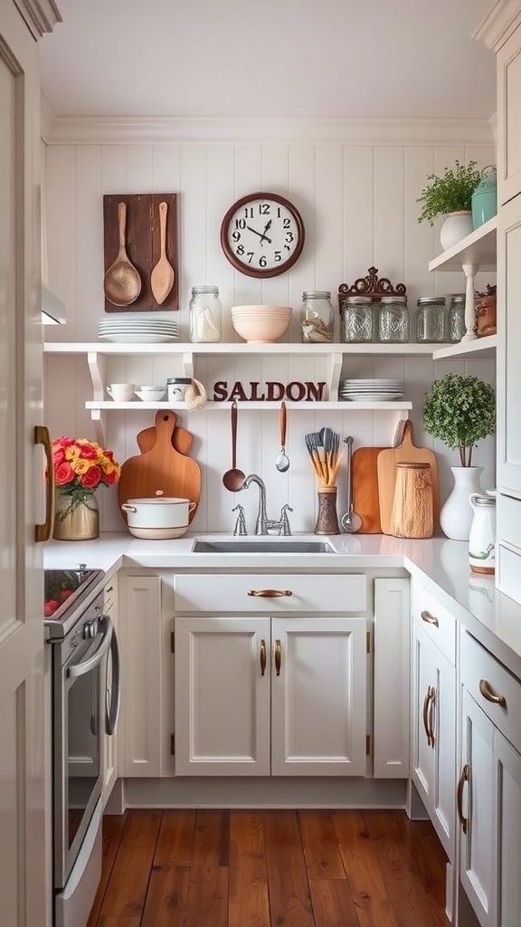 A cozy white farmhouse kitchen with vintage decor, featuring wooden utensils, a clock, and fresh flowers.