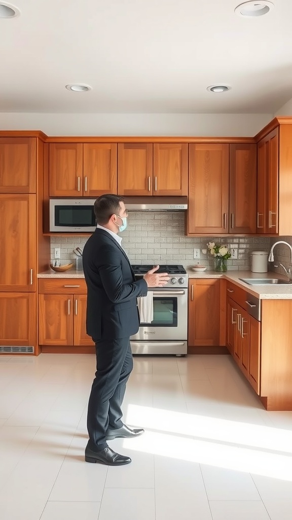 A person in a suit admiring modern wood kitchen cabinets
