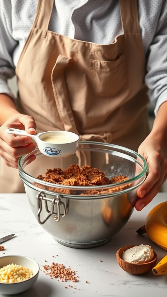 Chocolate chip banana bread ingredients being prepared in a bowl