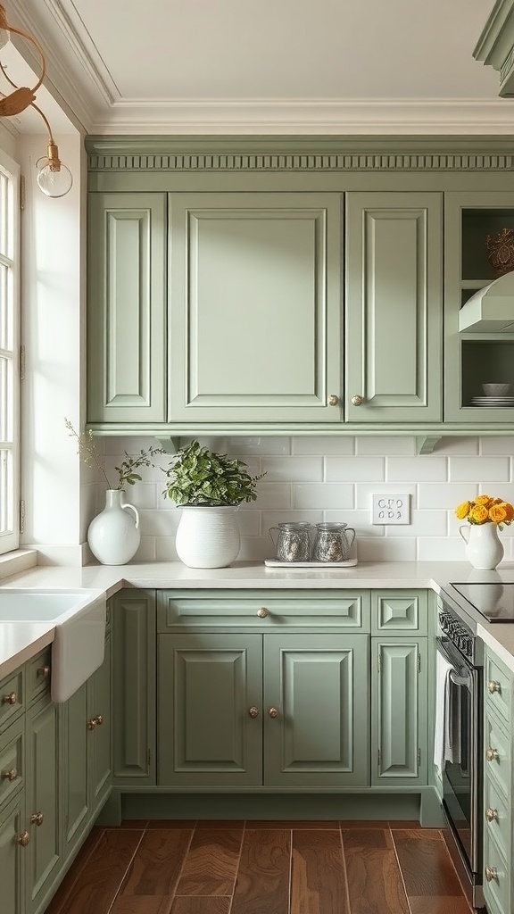 A kitchen with sage green cabinets, brass handles, and a bright countertop featuring a window with natural light.