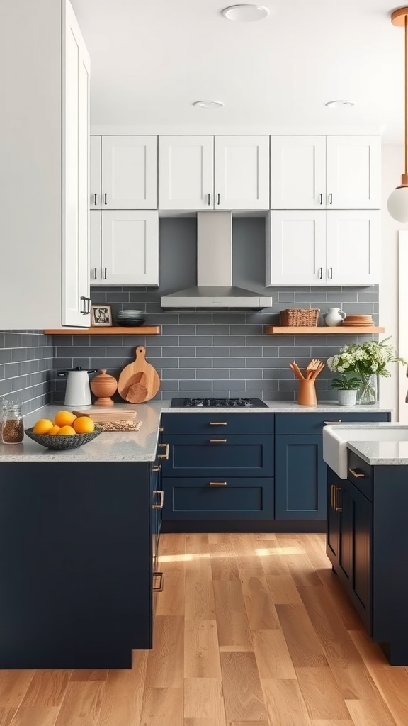 A modern kitchen featuring navy blue lower cabinets and white upper cabinets, with a natural wood floor and colorful kitchen accessories.