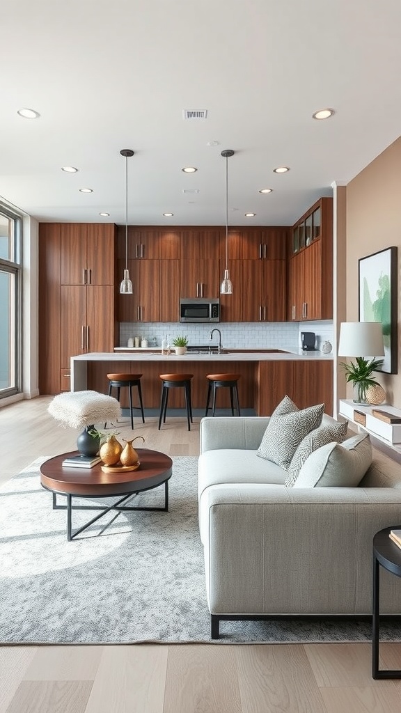 A modern open concept kitchen with brown cabinets, light countertops, and stylish furniture.