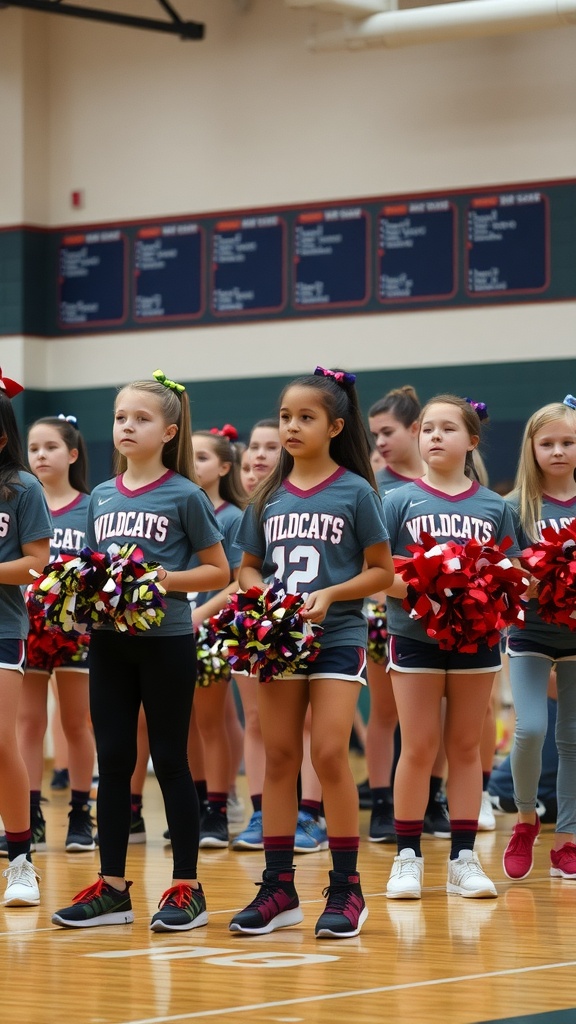 Cheerleaders in Wildcats team spirit attire, wearing gray shirts and colorful pom-poms.