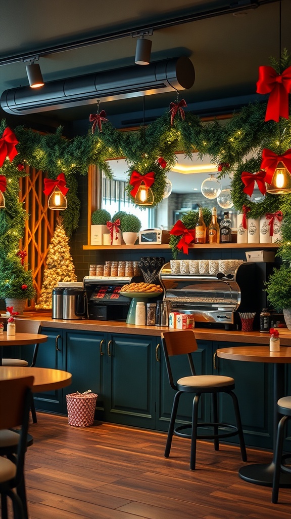 A cozy coffee bar decorated for Christmas with garlands, red bows, and holiday treats.