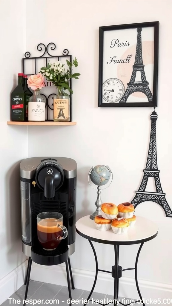 A coffee corner inspired by Paris with a Nespresso machine, cupcakes on a table, and decorative elements.