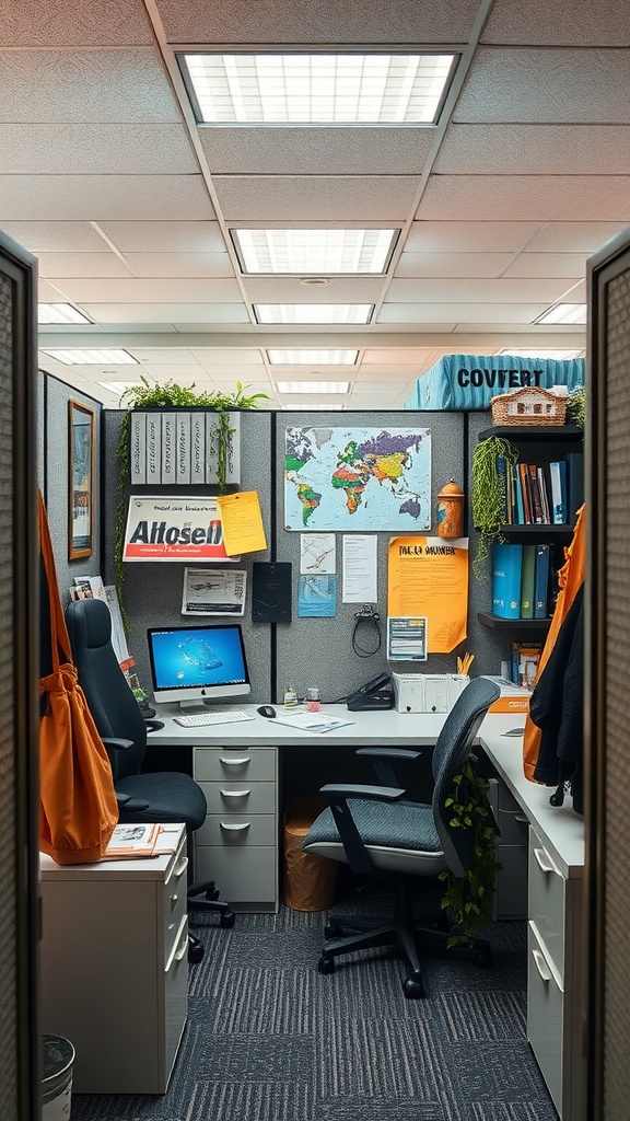 A cubicle decorated with plants, a world map, and colorful accents, creating a personal and inviting workspace.