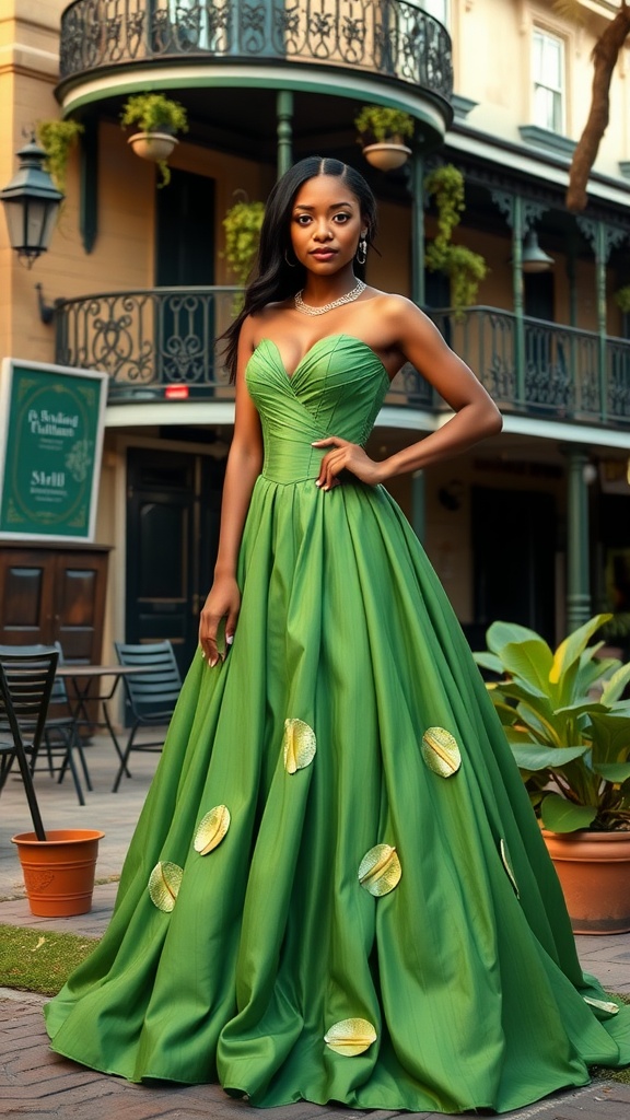 A woman wearing a green evening gown with lily pad designs in a charming outdoor setting.