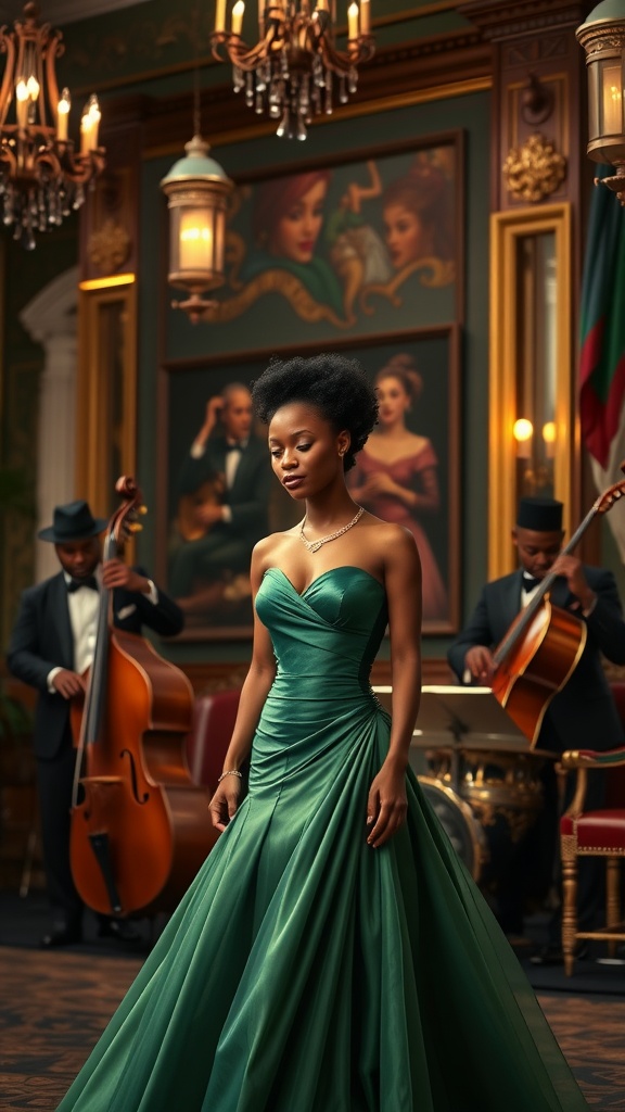 A woman in a green evening gown stands gracefully, surrounded by musicians in a lavish setting