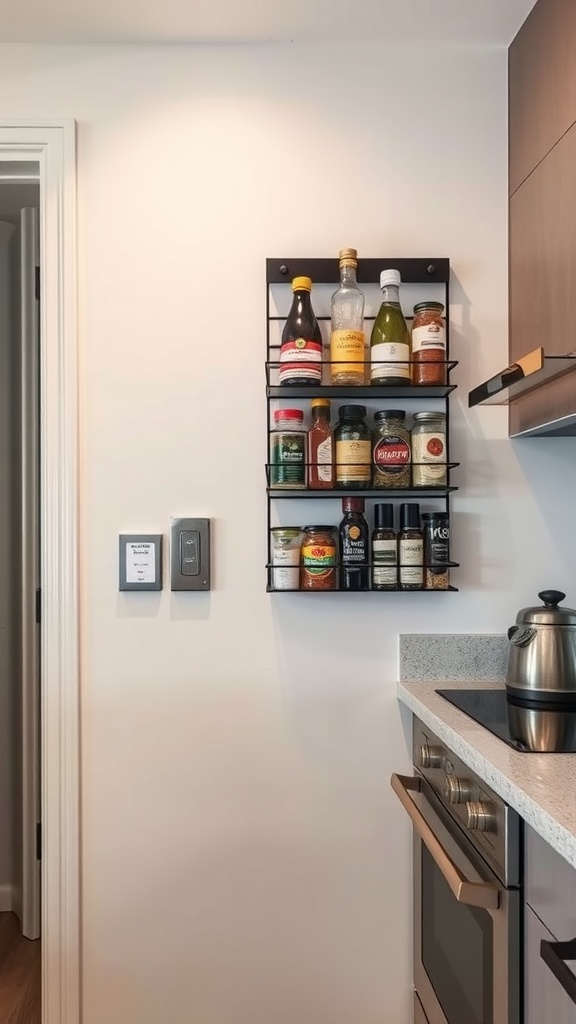 A wall-mounted magnetic rack holding various bottles and jars in a small kitchen setting.