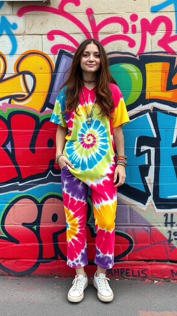 A woman wearing a colorful tie-dye outfit standing in front of a vibrant graffiti wall.