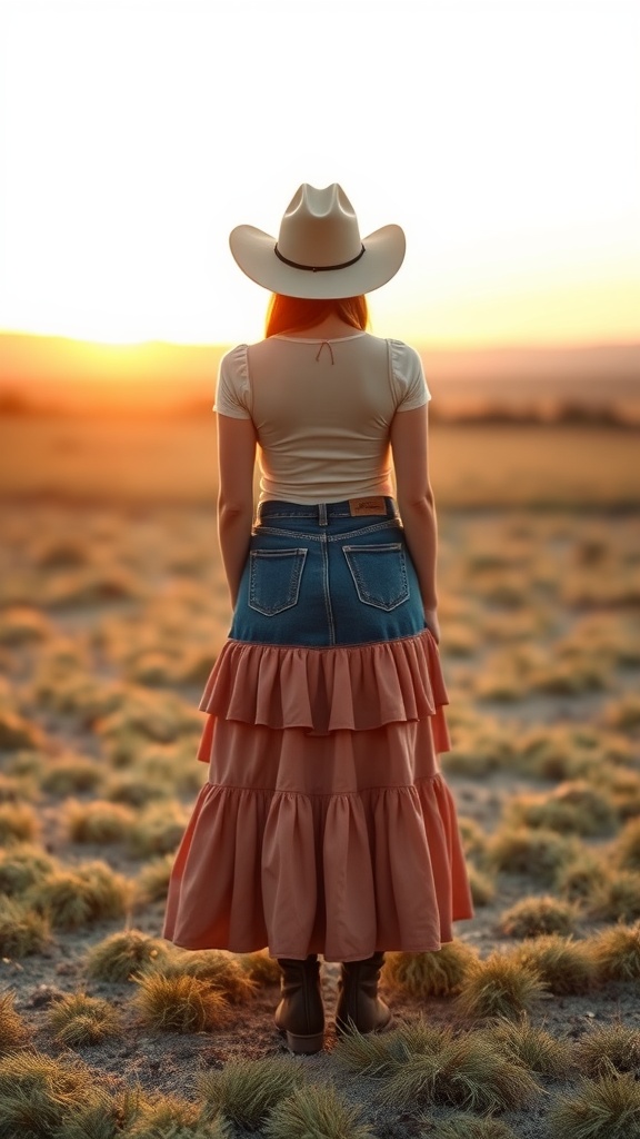 A woman wearing a tiered skirt and cowboy hat, standing in a field at sunset.