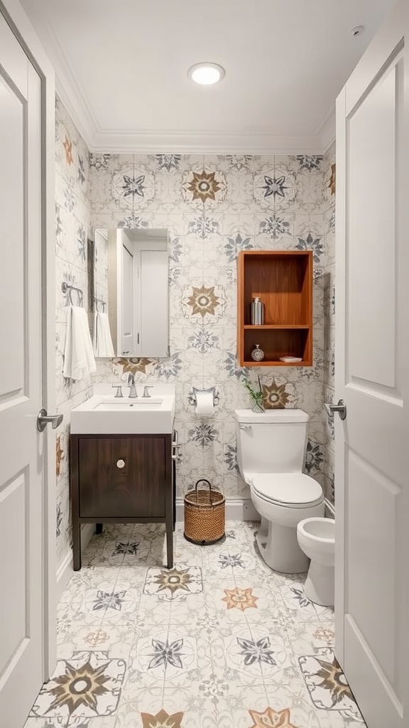 A modern jack and jill bathroom featuring intricate patterned floor and wall tiles