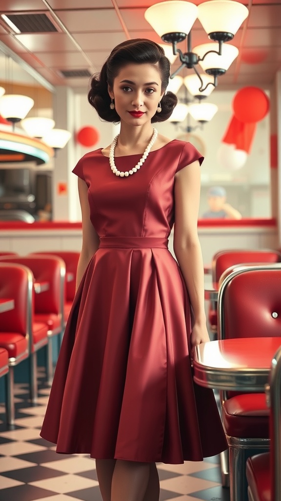 A woman in a red 1950s dress standing in a retro diner with a vintage decor