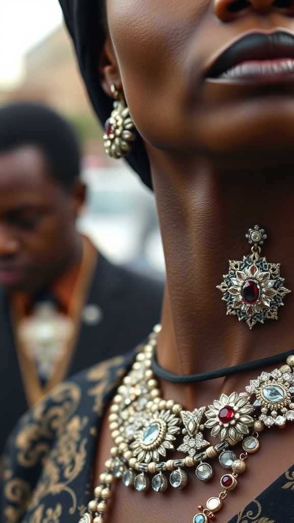 Close-up of a woman wearing elegant jewelry, including necklaces and earrings, highlighting sophistication and style.