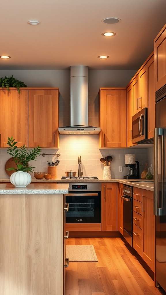 A warm-toned kitchen featuring maple cabinets, modern appliances, and stylish decor.