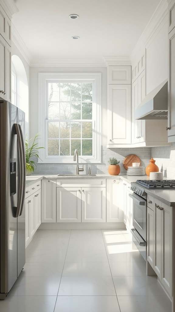 A modern kitchen featuring white cabinets, a large window, and a sleek design.