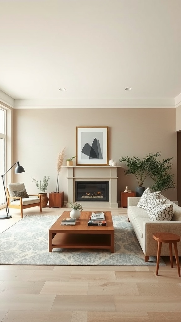 A stylish living room featuring beige walls, a cozy sofa, wooden furniture, and plants.