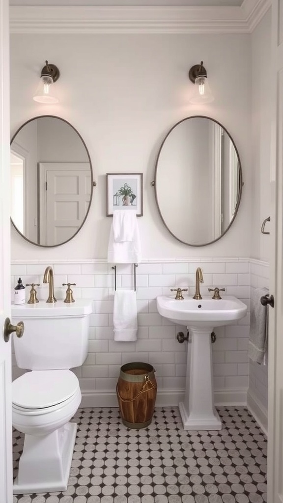 A stylish Jack and Jill bathroom with round mirrors, vintage fixtures, and patterned flooring.