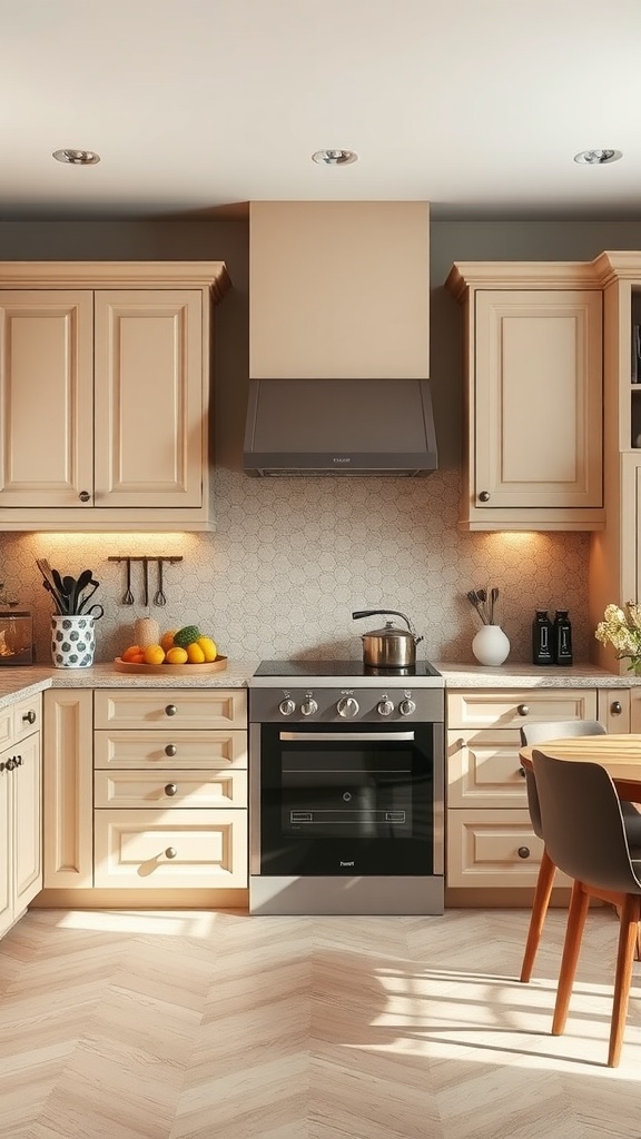 A cozy kitchen featuring beige cabinets, a stove, fresh fruits, and modern flooring.