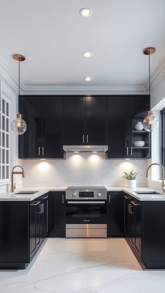 A modern kitchen featuring sleek black cabinets, bright countertops, and stylish pendant lighting.