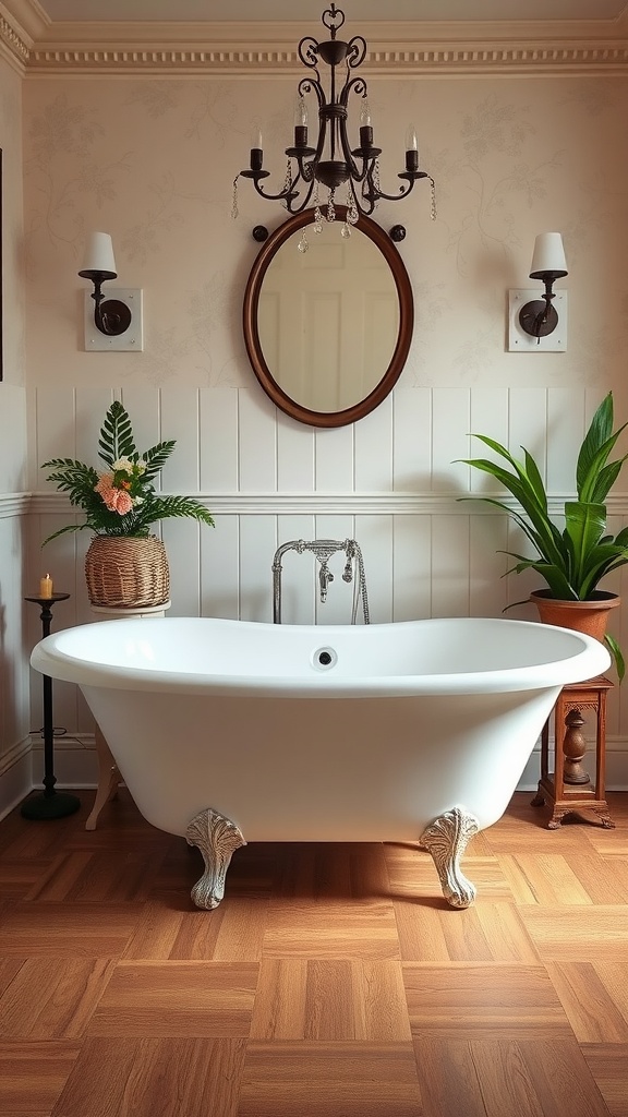 A classic clawfoot tub in a stylish bathroom, featuring elegant decor and warm lighting.