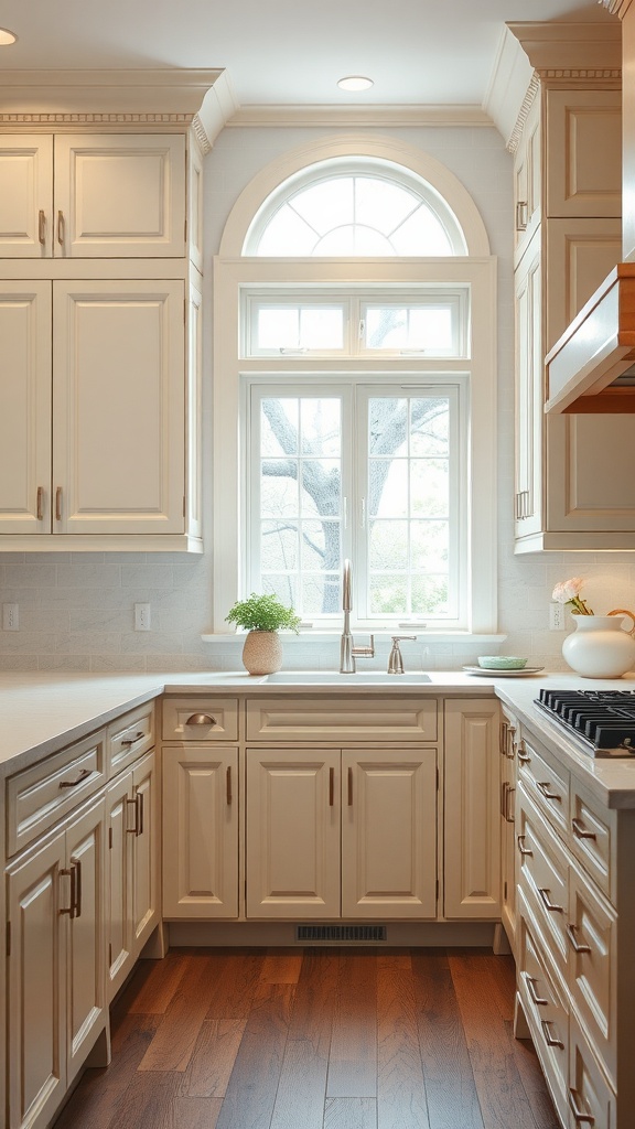 A stylish kitchen featuring cream cabinets, natural wood flooring, and a large window.