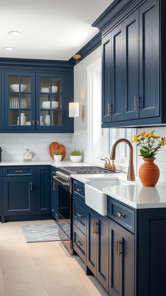A modern kitchen featuring navy blue cabinets, white countertops, and natural light.