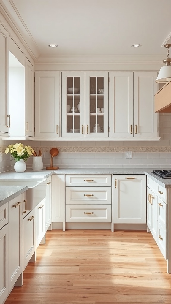 Bright kitchen featuring white oak cabinets and golden hardware