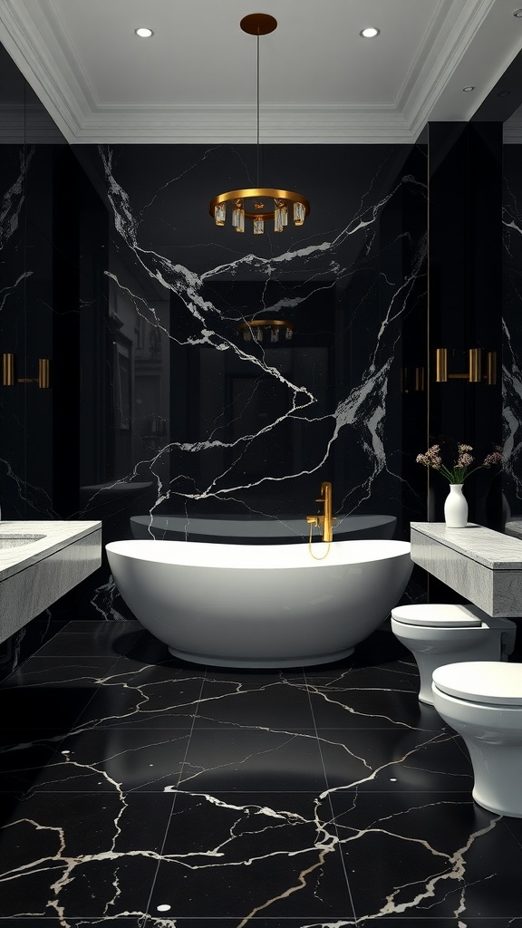 A luxurious bathroom featuring a black marble floor with white veins, a white bathtub, and gold fixtures.