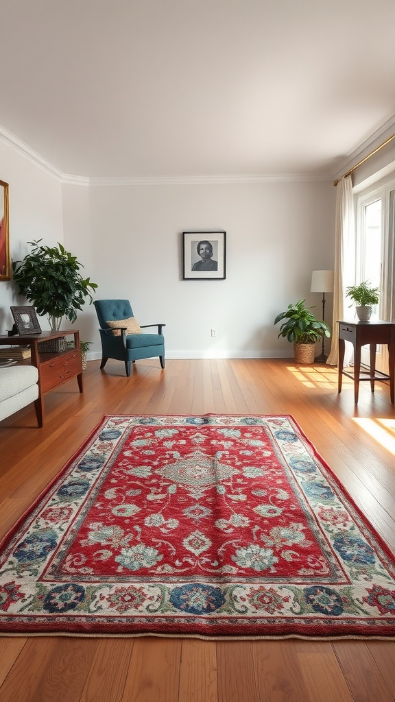 A bright living room showcasing wooden flooring and a colorful area rug.