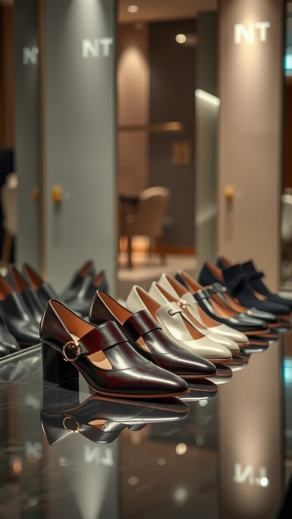 A display of classy footwear options, featuring various stylish heels in black, white, and deep colors.