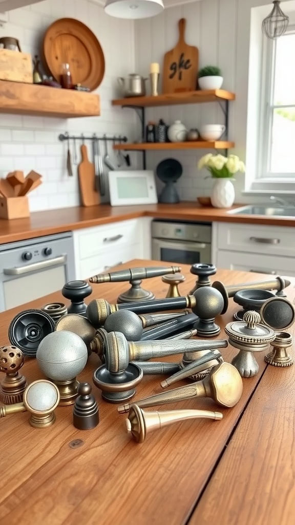 Various knobs and pulls for farmhouse kitchen cabinets displayed on a wooden countertop.