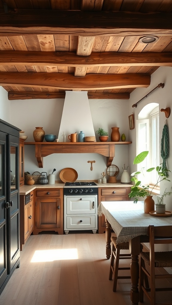 A cozy Italian farmhouse kitchen with wooden beams, a white stove, and natural decor.