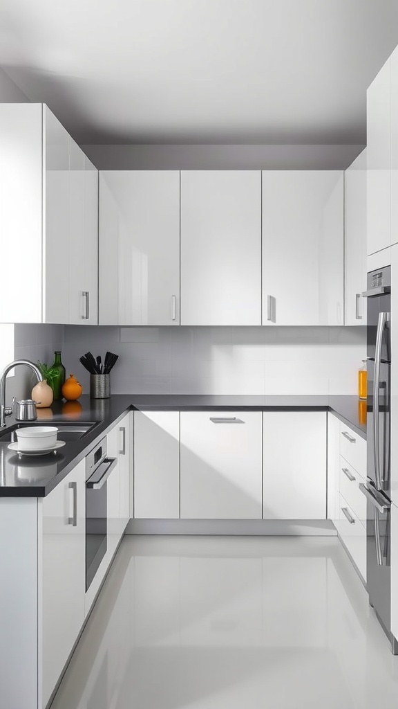 Modern kitchen with white glossy cabinets and dark countertops
