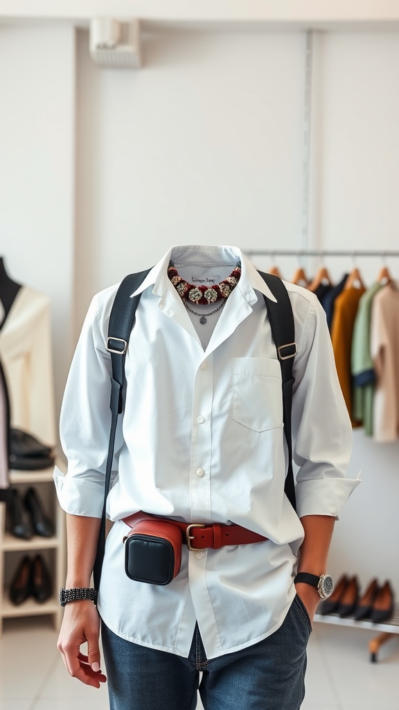 A stylish white shirt with rolled-up sleeves, accessorized with a trendy belt and bag.